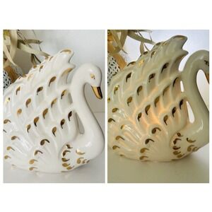 Vintage 1950s White Porcelain Swan Table Lamp Gold Gilt Mid Century UL